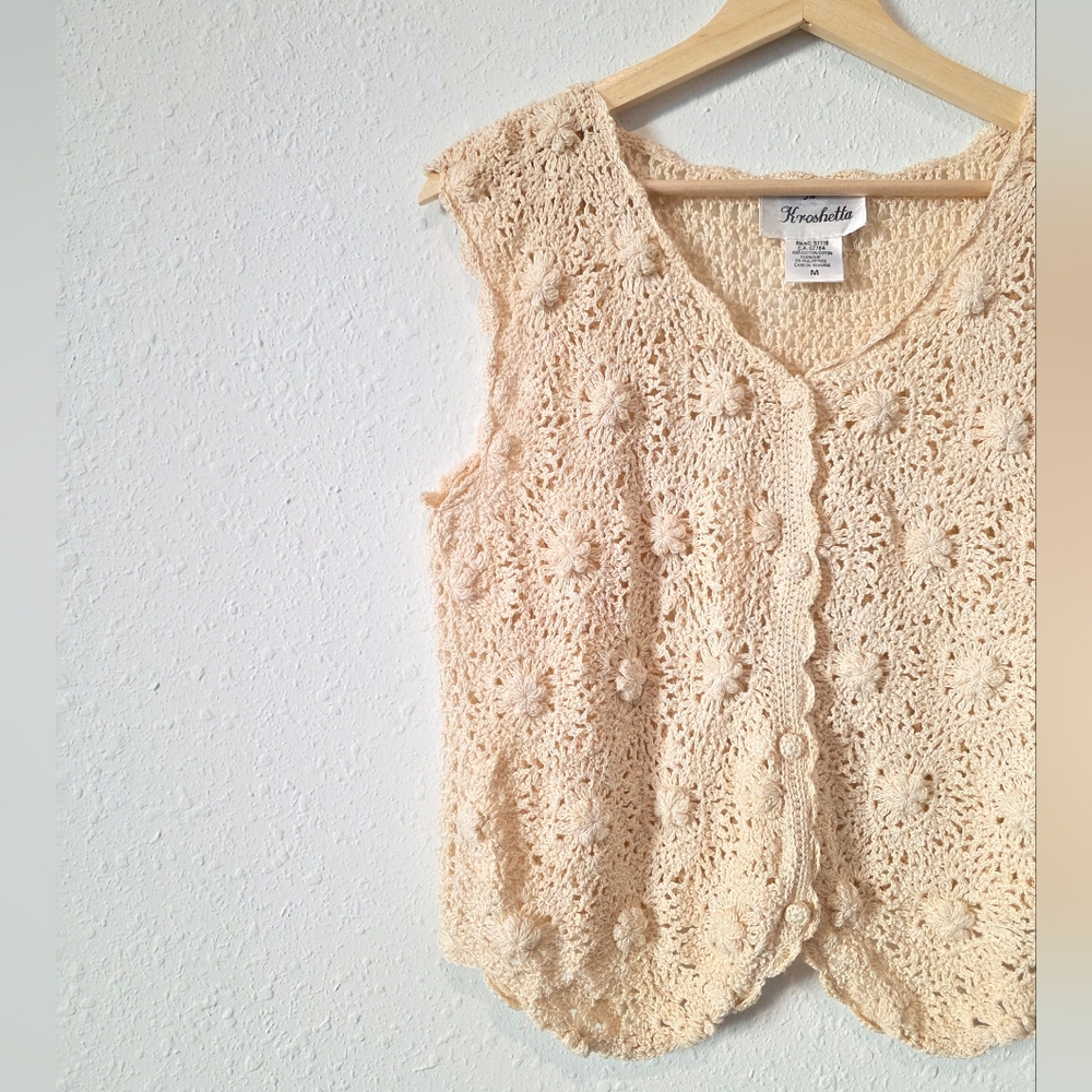 Vintage Cream Floral Crochet Button Up Vest M - Picture 3 of 6